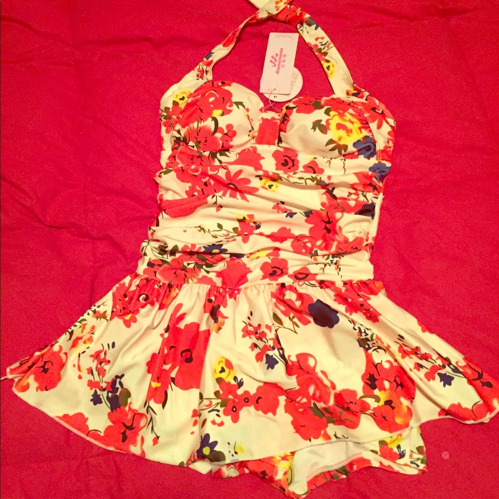 Skirted one piece halter women’s floral swimsuit